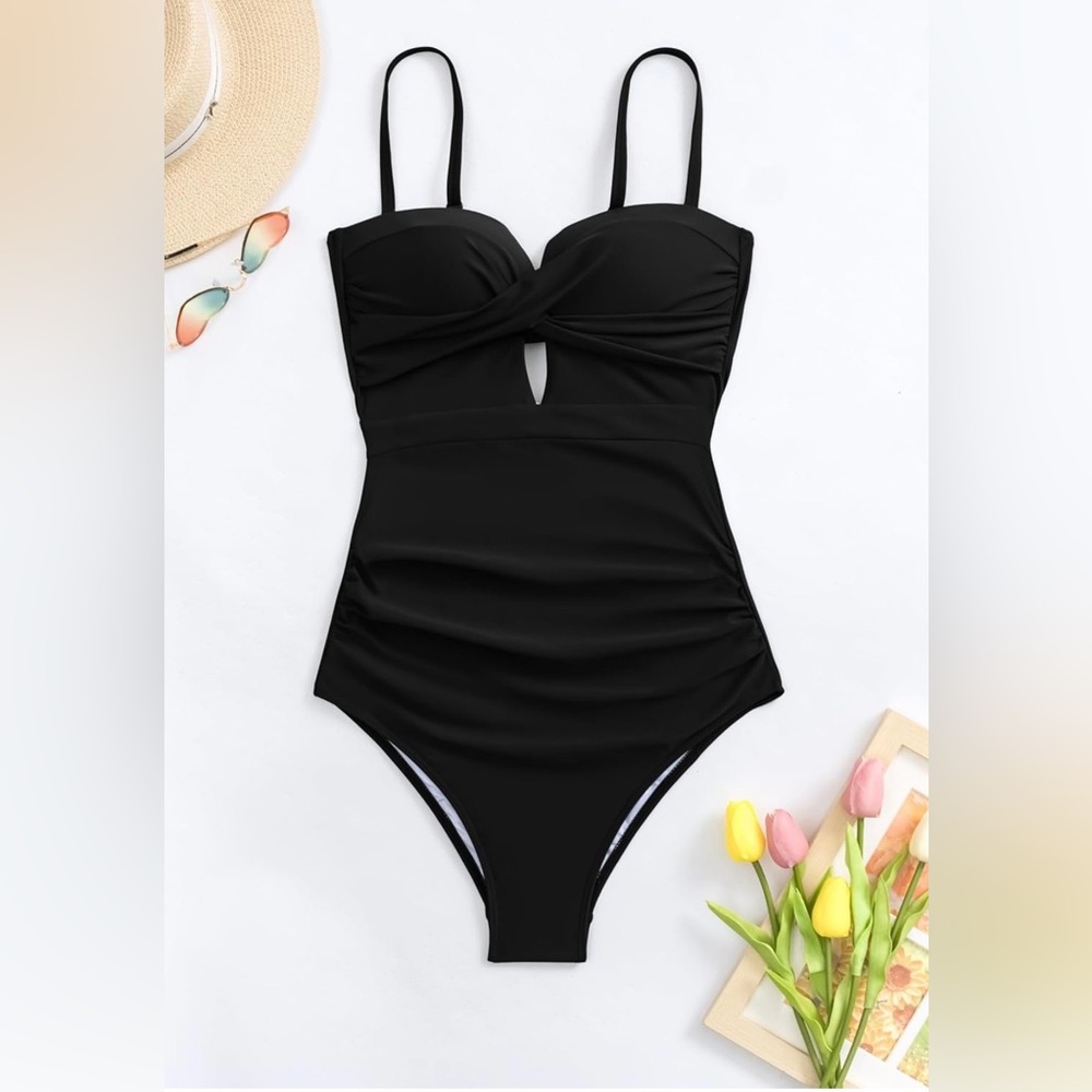 One Piece Push-Up Swimsuit Black Medium With Bandeau Twist wrap front & Cutout - Picture 5 of 8